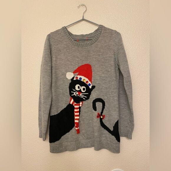 holiday traditions Sweaters - Ugly cute Christmas Holiday Sweater kitty cat black bell grey crewneck S/M